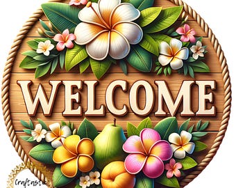 Tropical Welcome Wreath Sign, 10 Inch Metal Plumeria Wreath Attachment, Hawaiian Front Door Decor, Summer Island Accent