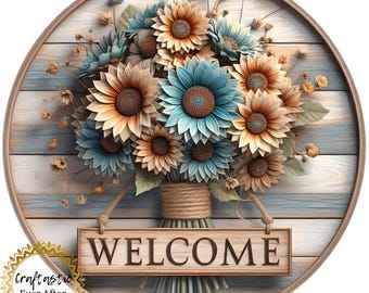 Welcome Sunflower Wreath Sign, 10 Inch Metal Floral Wreath Attachment, Rustic Farmhouse Front Door Decor, Blue and Cream Accent