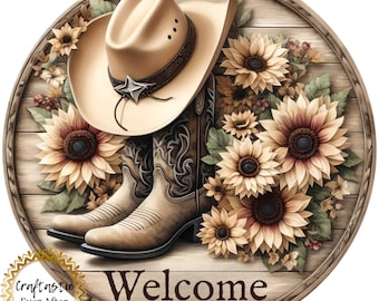 Western Welcome Wreath Sign, Cowboy Hat and Boots Sunflower Metal Wreath Attachment, Rustic Farmhouse Front Door Decor, 10 Inch Round