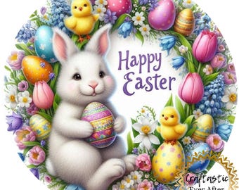 Easter Bunny Wreath Sign Attachment 10 Inch Round, Happy Easter Floral Sign, Pastel Spring Door Hanger Insert, Cute Bunny Decor