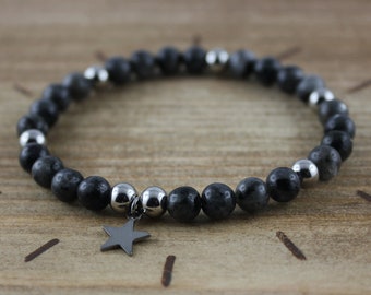 Labradorite bracelet 6 mm and stainless steel, star charm and natural stones