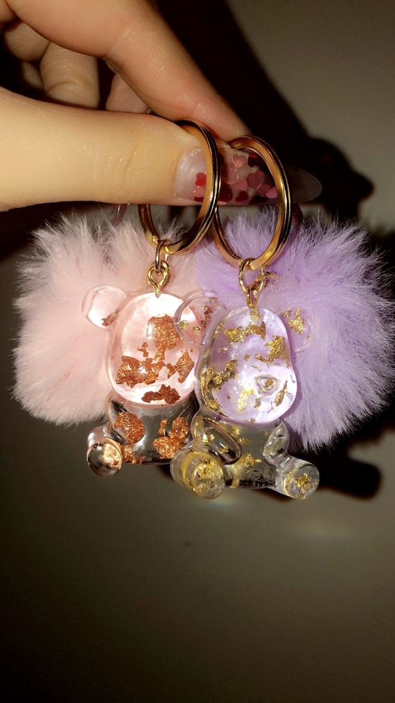 Pompom Bear Keychain - Etsy White Bear Pom Pom Keychain with Multicolor Stars main image 1