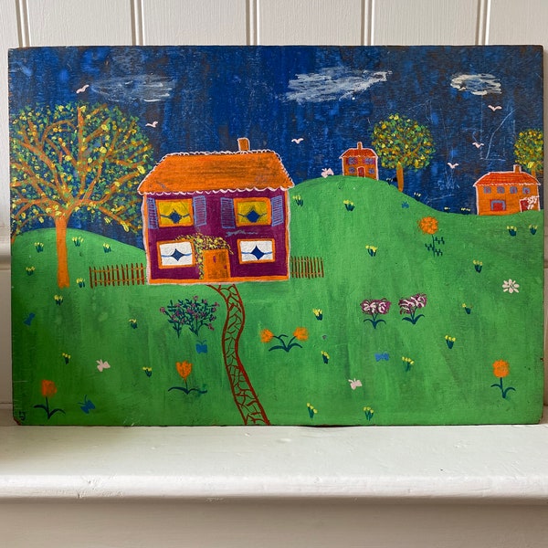 Vintage child’s painting on board