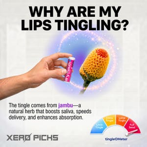 May include: Image features a pink and white tube labeled "dry mouth" held in a hand, with text asking "WHY ARE MY LIPS TINGLING?". A diagram shows a "tingleOMeter" and text explaining the tingle comes from jambu.