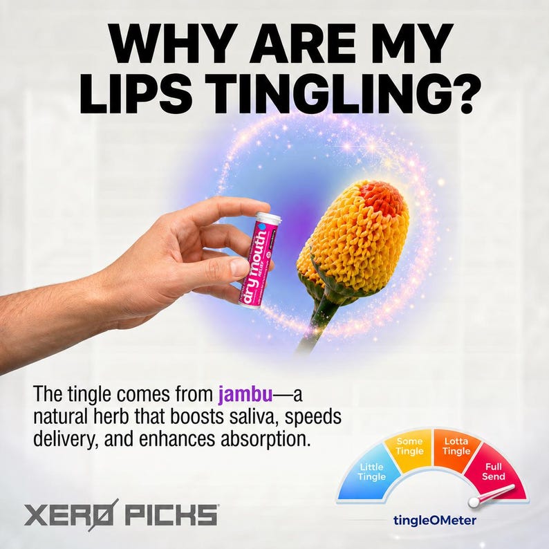 May include: Image features a pink and white tube labeled "dry mouth" held in a hand, with text asking "WHY ARE MY LIPS TINGLING?". A diagram shows a "tingleOMeter" and text explaining the tingle comes from jambu.