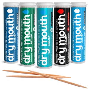 May include: Five cylindrical containers of XERO PICKS infused toothpicks, each with a different flavor: cool mint, spearmint, wintergreen, spicy mint, and peppermint. The containers are white and colored blue, green, teal, black, and blue. Several wooden toothpicks are in the foreground.