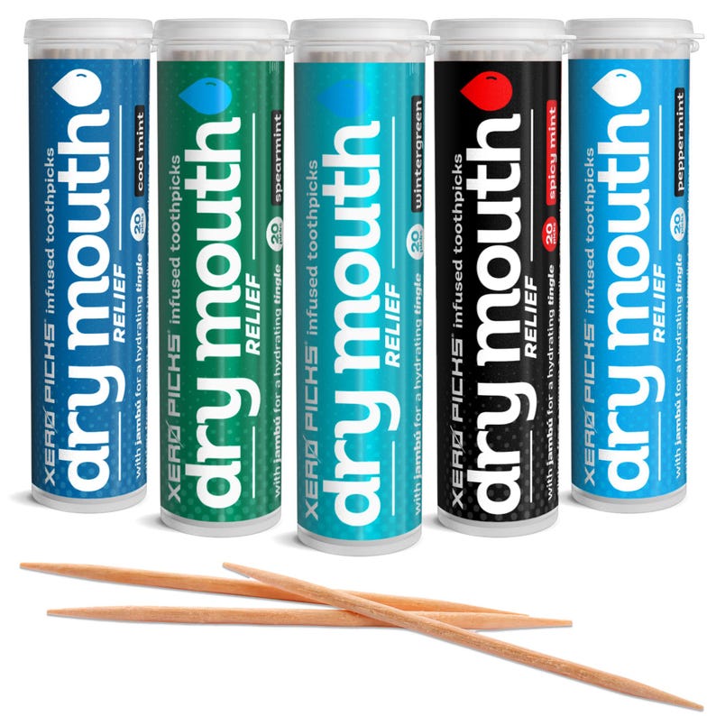 May include: Five cylindrical containers of XERO PICKS infused toothpicks, each with a different flavor: cool mint, spearmint, wintergreen, spicy mint, and peppermint. The containers are white and colored blue, green, teal, black, and blue. Several wooden toothpicks are in the foreground.