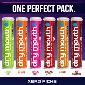 May include: Image of six cylindrical containers of Xero Picks infused toothpicks. Flavors include lemon lime, orange, tropical mint, caramel apple, churro, and hot cinnamon. Each container has a white cap and features the words "dry mouth relief".
