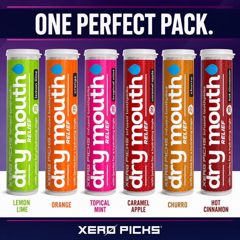 May include: Image of six cylindrical containers of Xero Picks infused toothpicks. Flavors include lemon lime, orange, tropical mint, caramel apple, churro, and hot cinnamon. Each container has a white cap and features the words "dry mouth relief".