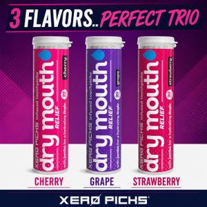 May include: Three cylindrical containers of "dry mouth" infused toothpicks in cherry, grape, and strawberry flavors. Each container has a white cap and a label with the brand name, flavor, and "RELIEF" text. The text "3 FLAVORS.. PERFECT TRIO" is at the top.