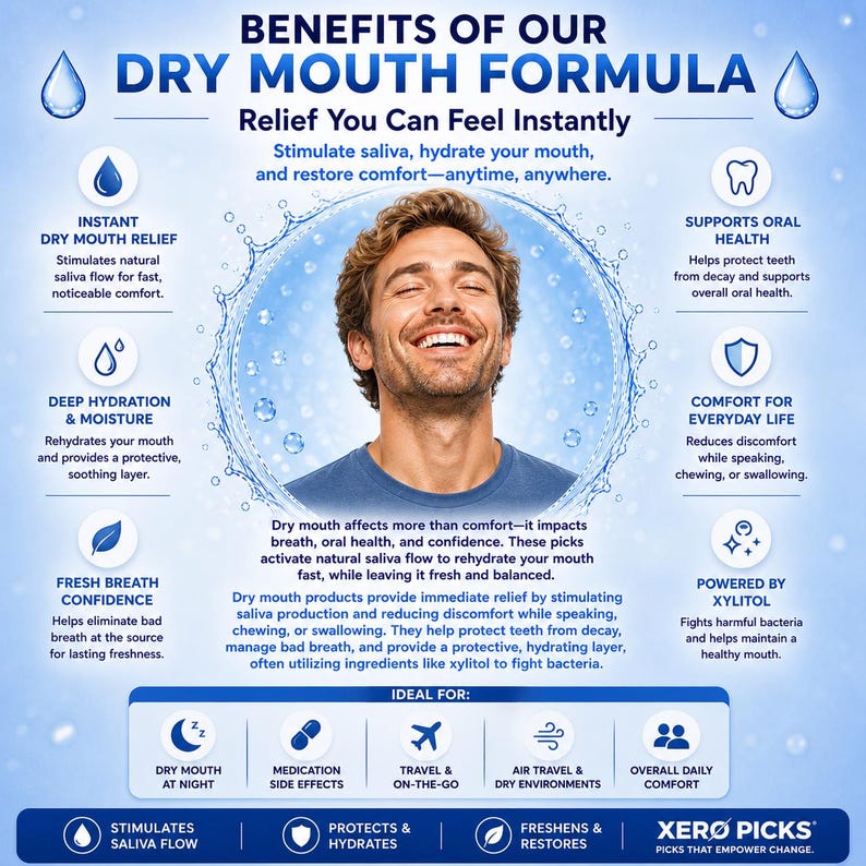 May include: Informational graphic for dry mouth relief. The image features a smiling person and text highlighting benefits like instant relief, deep hydration, fresh breath, and oral health support. The product is ideal for various situations.