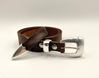 Waxed Western Belt | Silver Buckle Tapered Ranger Belt | Brown Waxed Leather