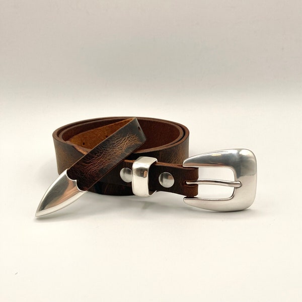 Waxed Western Belt | Silver Buckle Tapered Ranger Belt | Brown Waxed Leather