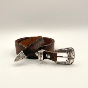 Waxed Western Belt Silver Buckle Tapered Ranger Belt Brown Waxed Leather image 2