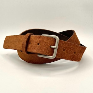 Caramel Brown Rough Out Suede Belt | Daily Utility 1.25&quot; Wide Belt | Brass Hardware