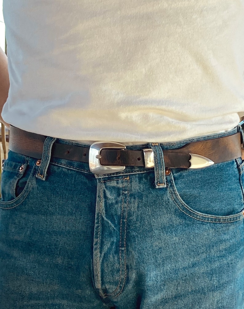 Waxed Western Belt Silver Buckle Tapered Ranger Belt Brown Waxed Leather image 4