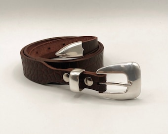 ビンテージCHANELレザーベルト　ブラウンシルバーバックル ワックス加工ウエスタンベルト | シルバーバックルテーパード