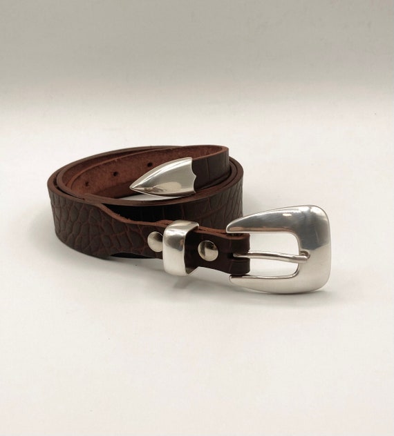 Medium Brown Croc Western Belt | Slim Western Belt | Vegetable