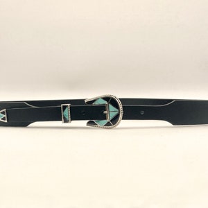 Western Enamel Belt 1.25 tapered 0.75 Ranger Bridle Veg Tan Navajo Imitation Stone Buckle image 4