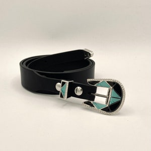 Western Enamel Belt 1.25 tapered 0.75 Ranger Bridle Veg Tan Navajo Imitation Stone Buckle image 3