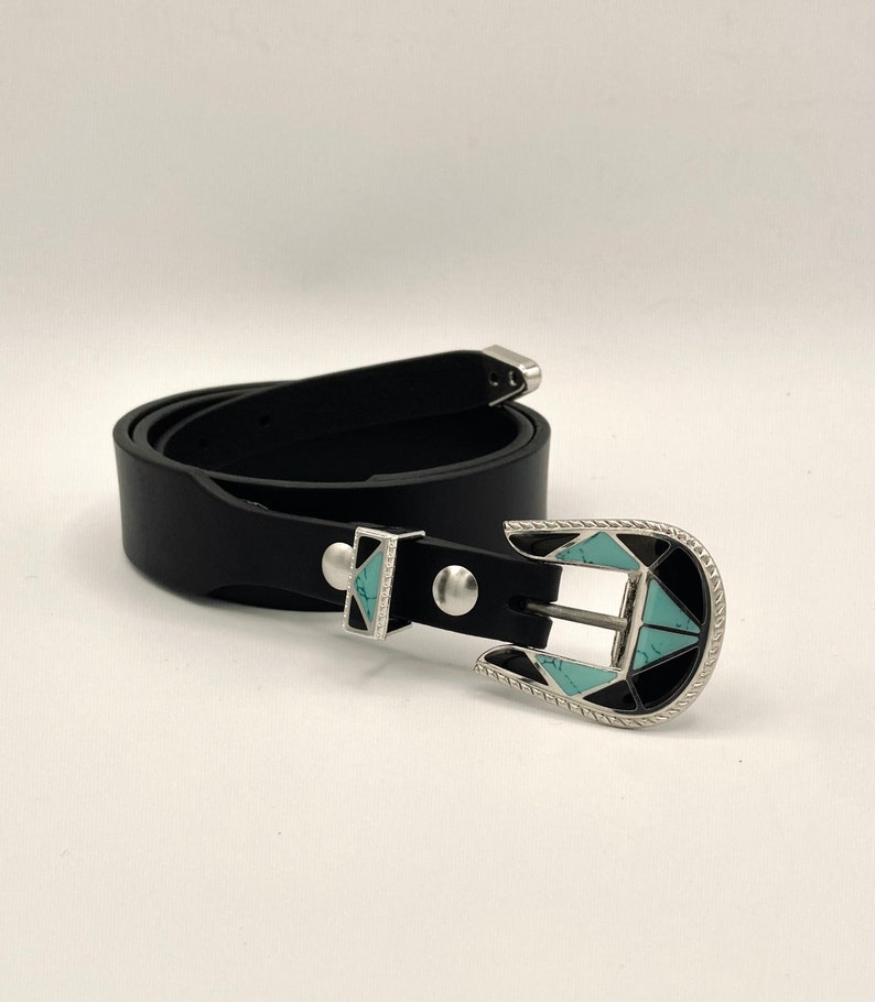 Western Enamel Belt 1.25 tapered 0.75 Ranger Bridle Veg Tan Navajo Imitation Stone Buckle image 3