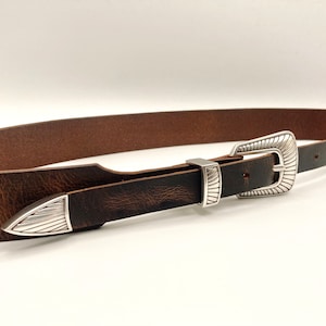 Waxed Western Belt Silver Buckle Tapered Ranger Belt Brown Waxed Leather image 5