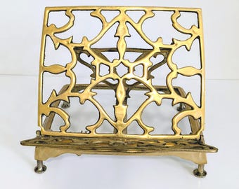 Vintage Ornate Brass Book Stand / Book Holder / Cookbook Stand / Easel - Folding & Adjustable