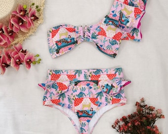 Bikini taille haute imprimé floral, ensemble maillot de bain femme, maillot de bain taille haute, vêtements de plage tendance, bikini à volants