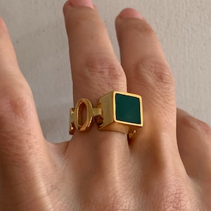 Square Enamel Signet, Arabesque Ring in 925 Silver 24K Gold Plated