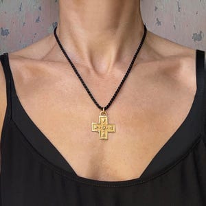 Square Cross Necklace Charm Pendant in 925 Silver 24K Gold Plated with Chain and Silk Braided Cord.