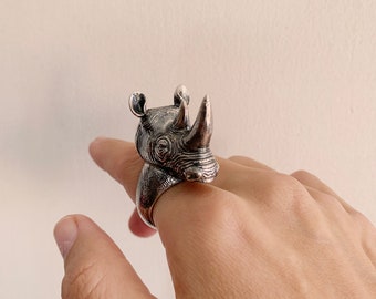 Big, Statement Animal Ring, White Rhinoceros Ring in Oxidized Silver