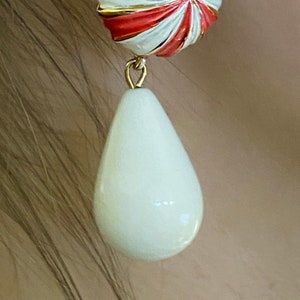 Red and White Enamel Umbrella and Milk Glass Teardrop Clip-On Earrings - Gold-Tone - Signed VENDOME