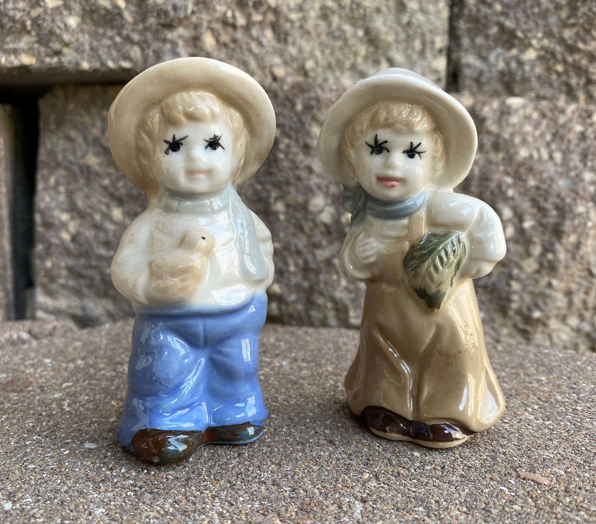Lot of 2 Adorable Vintage Figurines of Little Country Boys in Straw