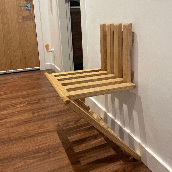Folding Wall Mounted Chair, Solid Oak Space Saving Seat, Small Entryway Bench, Minimalist Wooden Wall Chair, Tiny Apartment Furniture