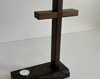 Bog Oak & Light Oak Wooden Cross with Candle Holder: Rustic Christian Decor