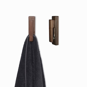Wooden towel hook without drill - adhesive walnut or oak wood bathroom rack for door or wall, damage free fixing, modern minimalist design