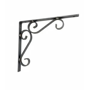 May include: A dark gray metal shelf bracket featuring an L-shaped frame with a decorative scrollwork support brace. The bracket includes pre-drilled mounting holes along the vertical and horizontal bars, with visible welded joints connecting the scrollwork.
