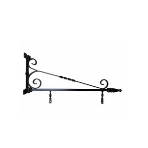 May include: Black wrought iron sign bracket with decorative scrollwork and a twisted rod design. The bracket features a mounting plate, a horizontal bar, and a curved end. Ideal for displaying a business sign.