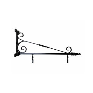 May include: A black metal wall-mounted sign bracket featuring a vertical mounting plate, two decorative scrollwork elements, a diagonal support arm with twisted metal detailing, and two downward-facing hooks for hanging a sign.