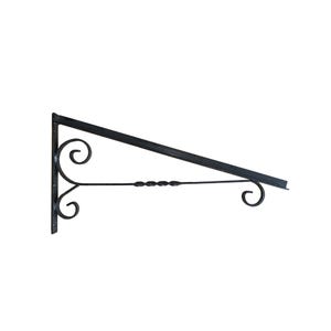 May include: A black metal wall bracket featuring a vertical mounting plate, a diagonal support bar, and a horizontal arm with decorative scrollwork and a central twisted detail. The structure is designed for mounting signs or hanging items.