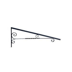 Può includere: Una staffa da parete in metallo nero dotata di una barra di montaggio verticale, un braccio di supporto diagonale e un'asta orizzontale con un dettaglio centrale in metallo intrecciato. Il design presenta volute decorative sui giunti.