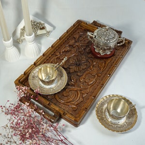 Wooden Serving Tray, Hand Carved Serving Tray, Ottoman Decorative Walnut Tray, Farmhouse Coffee Serving Tray, Kitchen Tray, Wedding Decor