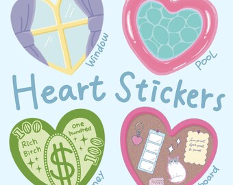 Funny Heart Stickers - Heart shaped window, Heart shaped Pool, Heart Display board, cat, doller, decal for laptop and water bottles
