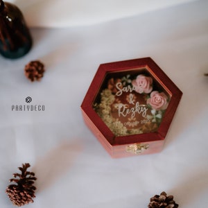 Personalized Wooden Ring Box Vintage and Natural with Rustic Flower for wedding Ceremony, Handmade Ring Box, Batik Truntum Ring Box