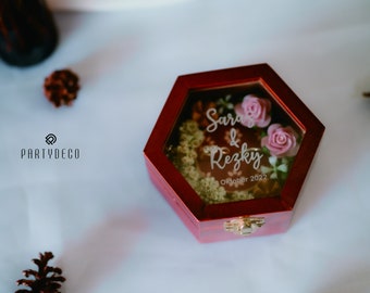 Personalized Wooden Ring Box Vintage and Natural with Rustic Flower for wedding Ceremony, Handmade Ring Box, Batik Truntum Ring Box