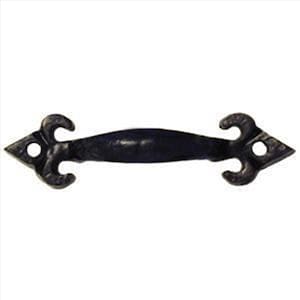 May include: A black, decorative metal handle with a fleur-de-lis design at each end. The handle is curved in the middle and has a textured finish. The ends are arrow-shaped with a mounting hole. Suitable for cabinets and drawers.
