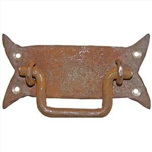 May include: A rusty metal drawer pull with a rectangular plate and a curved handle. The plate has a pointed shape on each end.