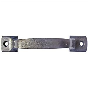 May include: A silver metal door handle with a rectangular shape and two holes for mounting.