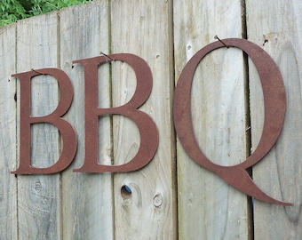 10" Rusty Metal BBQ Sign Letters, Rustic Steel Decoration, Vintage Garden Decor Gift