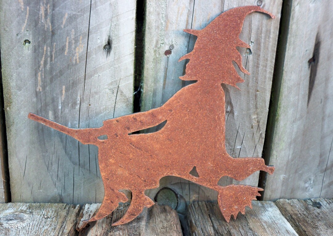 Rusty Metal WITCH on a BROOMSTICK Garden Ornament. Rustic Garden Decor. Metal Garden Decoration ...